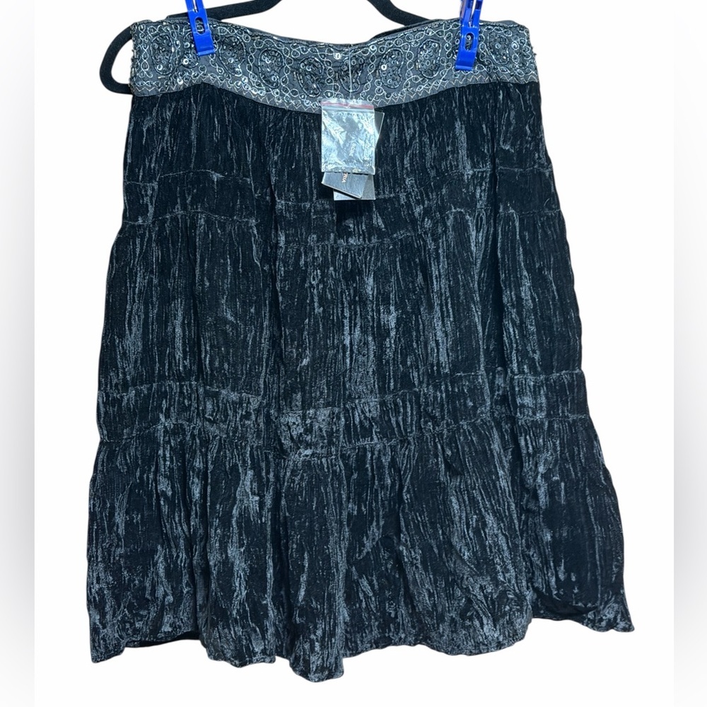 BOHO LUXE CRUSHED VELVET TIERED SKIRT EMBROIDERED WAISTBAND ROMANTIC ROCKER SZ S